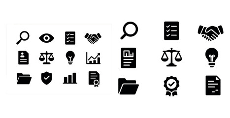 Business icons set: magnifying glass, scales, handshake, lightbulb, documents