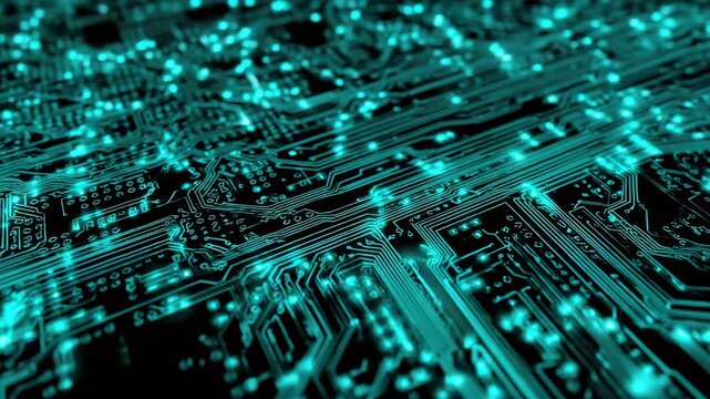 Explore the intricate design of a circuit board with glowing blue lines showcasing electronic pathways and connections
