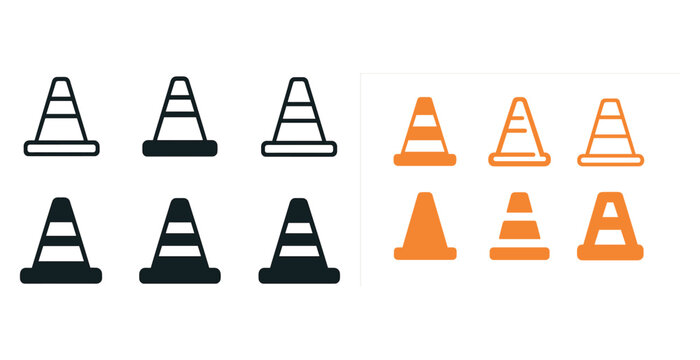 Variety of traffic cone icons in black and orange