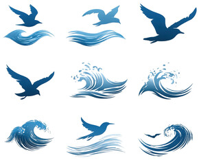 Set of stylized blue ocean waves and flying seagull icons.