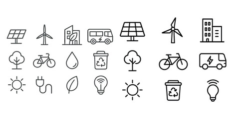 Eco-friendly icons set: solar, wind, recycling, and green energy symbols