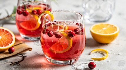Vibrant close up of a cranberry gin fizz winter cocktail drink