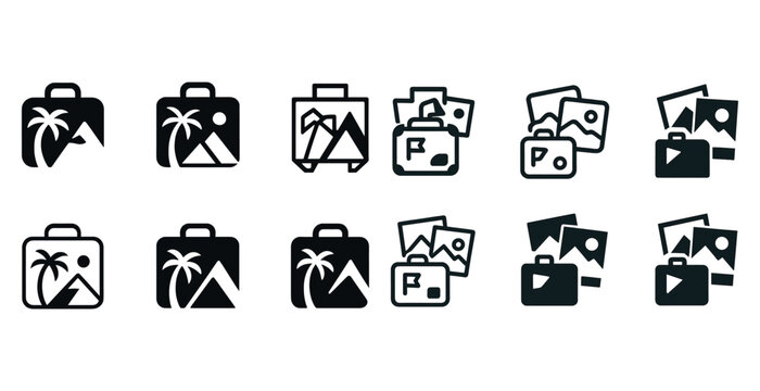 Travel and adventure icons with suitcase and mountain imagery in black and white