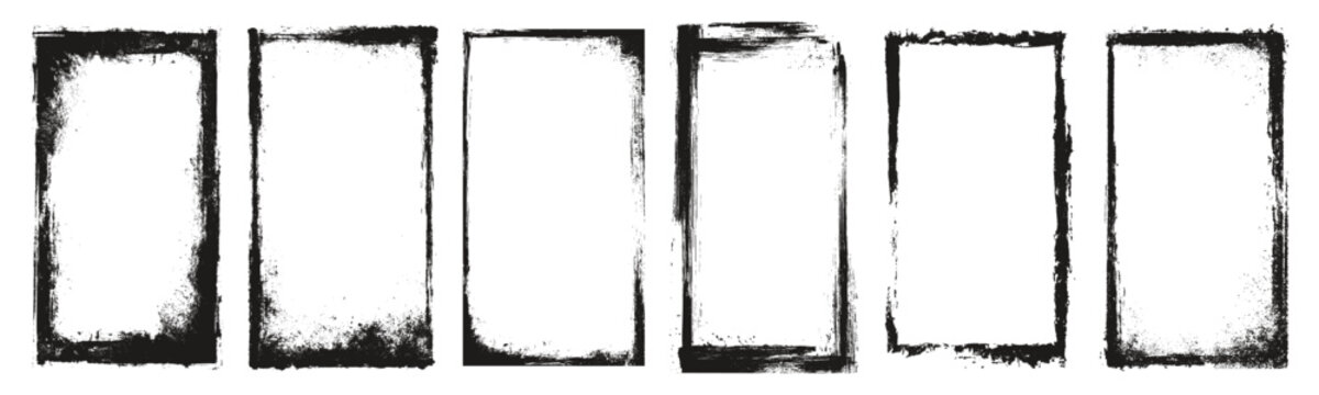 Rough paper frame border set. Crayon drawn overlay edge poster with worn grunge texture. Distressed rectangular brush outline with grain, folds, scratches, abstract paint marks. Old bg for collage.