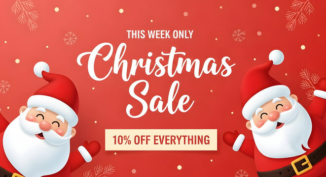 cute 3d cartoon santa claus characters on red background for christmas sale banner with ten percent off discount offer text and snowflakes