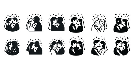 Silhouettes of couples embracing and kissing: love, romance, weddings