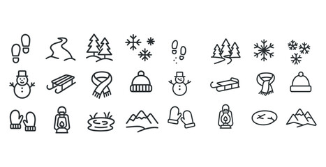 Fototapeta premium Winter icons: snowman, mittens, scarf, sled, trees, snowflakes, lantern, footprints