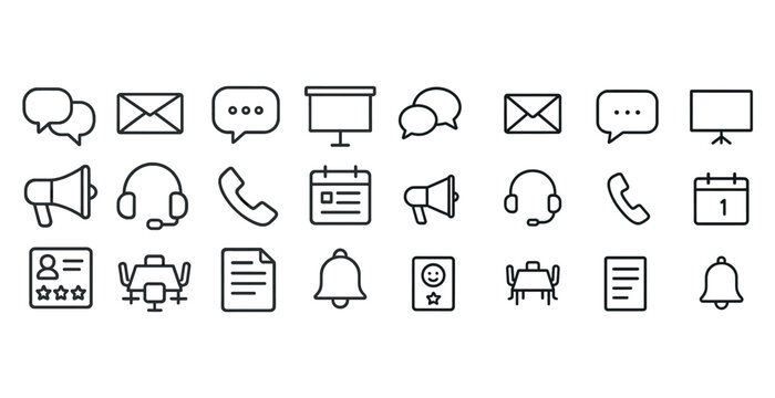 Communication and office icons set: email, calendar, phone, megaphone, headset, document
