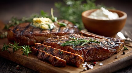 Grilled steak with herbs and butter served on wooden board with creamy sauce