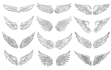 Set of twelve hand drawn angel wings illustrations.