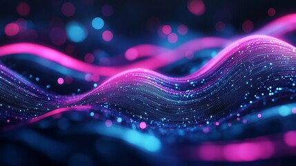 Dynamic waves of digital data flowing with bright neon lights and bokeh, perfect for high tech backgrounds, modern designs, and vibrant visual effects