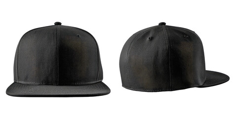 Two views of a plain black baseball cap