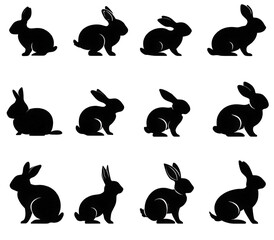 A collection of twelve black rabbit silhouettes in various poses.