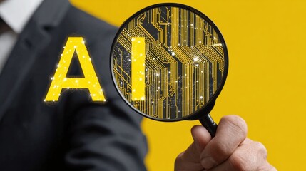 Business Professional Examining Artificial Intelligence Technology Through a Magnifying Glass Against a Bright Yellow Background
