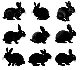 A collection of nine black rabbit silhouettes in various poses.