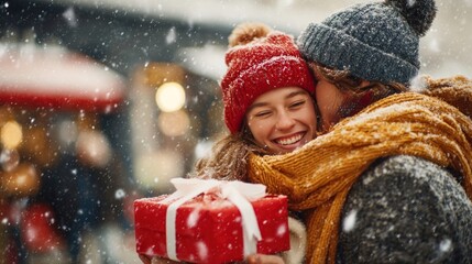 Portrait of husband feeling happy giving his wife a Christmas gift. Winter holidays concept: young woman in red hat rejoices meeting her boyfriend hugging him on the winter street