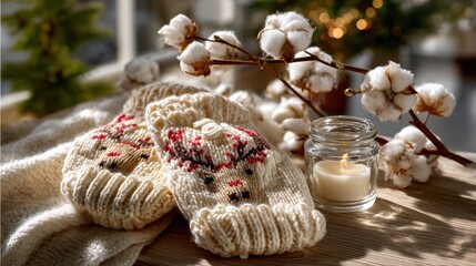 Softly lit knitted mittens with a simple reindeer motif lie on a smooth cream wool background, showcasing the intricate details of the knitted fabric. 