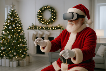 Man in Santa Claus suit wearing virtual reality headset, interacting with an immersive digital world on Christmas. Festive technology for holiday fun.