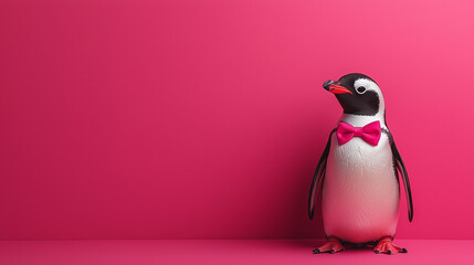Penguin in pink bow tie standing against vibrant pink background. Template for greetings, holiday banners, invitations