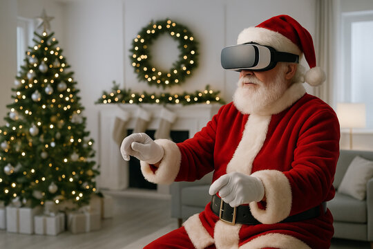 Man in Santa Claus suit wearing virtual reality headset, interacting with an immersive digital world on Christmas. Festive technology for holiday fun.