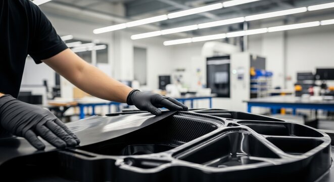Caucasian man in glove working with carbon fiber composite material in a manufacturing facility for automotive or aerospace industry.