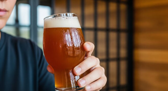 Man holding a glass of amber ale beer with a foamy head in a bar or pub. Refreshing beverage for a social gathering.