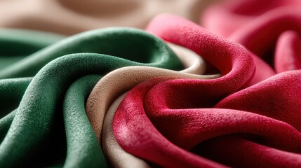 Softly lit fabric textures blend in a subtle wave pattern of red velvet and pine green hues, creating an intimate atmosphere for design projects. 