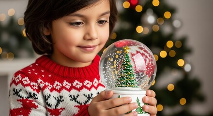 Kid holding Christmas snow globe with falling snow. Child enjoy winter holiday celebrating. Magic Christmas concept. Christmas mood.
