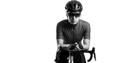 Young caucasian female cyclist in professional gear, poised on a road bike, intense and focused, against a bright high-key white studio background with copy space, concept of athletic determination