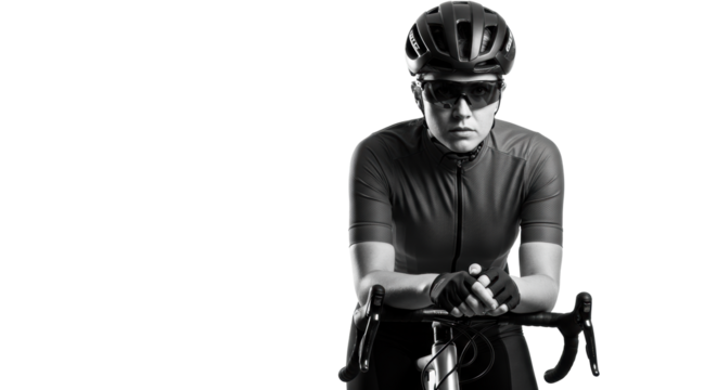 Young caucasian female cyclist in professional gear, poised on a road bike, intense and focused, against a bright high-key white studio background with copy space, concept of athletic determination