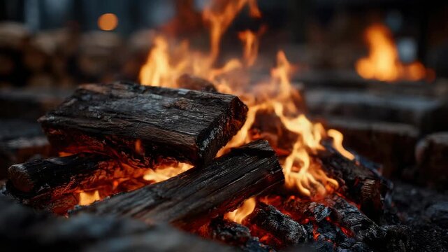 Captivating flames dance around burning logs in a cozy outdoor setting during a chilly evening gathering with friends
