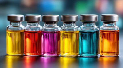 Vials filled with different colored liquids arranged in a row on a reflective surface with soft focused colorful background lights creating a vibrant and clinical atmosphere