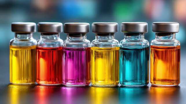 Vials filled with different colored liquids arranged in a row on a reflective surface with soft focused colorful background lights creating a vibrant and clinical atmosphere