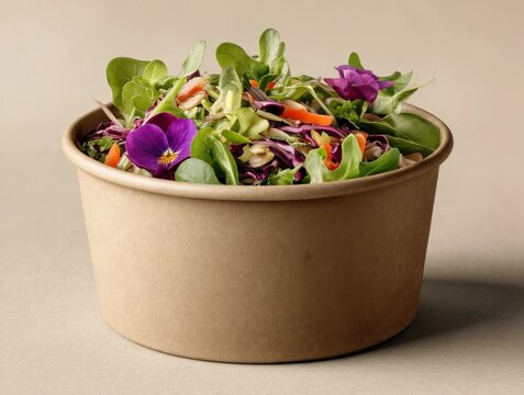 Fresh salad with colorful vegetables and edible flowers in a compostable bowl prepared for a healthy meal option