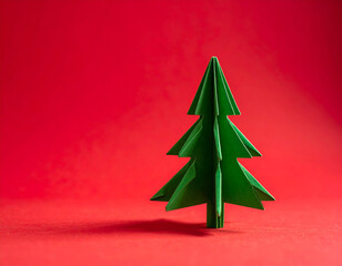 felicitacion navideña con un árbol o abeto de navidad con nieve, sobre un fondo rojo con liso sencillo, con espacio para texto y diseño de tarjeta o christmas de las fiestas 