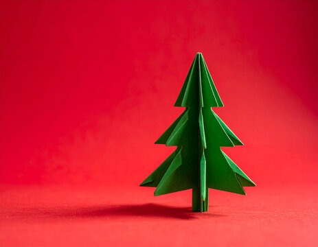felicitacion navide&ntilde;a con un &aacute;rbol o abeto de navidad con nieve, sobre un fondo rojo con liso sencillo, con espacio para texto y dise&ntilde;o de tarjeta o christmas de las fiestas 