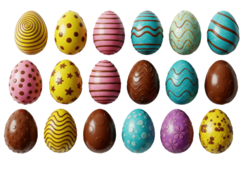 Twenty vibrant, glossy chocolate Easter eggs with intricate patterns in yellow, pink, green, blue, purple, orange, arranged symmetrically on white with copy space, festive elegance concept