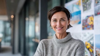 Portrait of Confidence: A sophisticated woman with a warm smile, exudes confidence and expertise in a modern office setting. She poses, a symbol of professional poise and approachability.