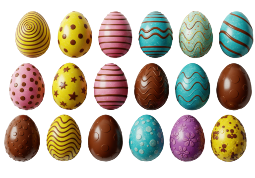 Twenty vibrant, glossy chocolate Easter eggs with intricate patterns in yellow, pink, green, blue, purple, orange, arranged symmetrically on white with copy space, festive elegance concept