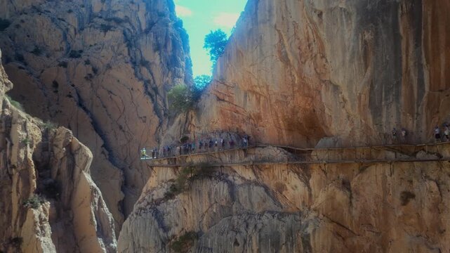 El Caminito del Rey is a route between the steep walls of the gorge in El Chorro, near Ardales in the Carolinas of Malaga, Spain.