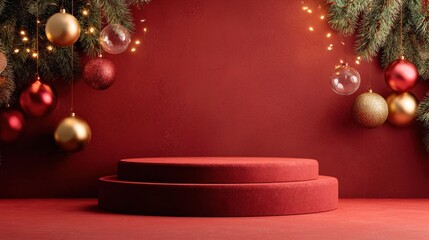 Christmas product display red podium with golden ornaments