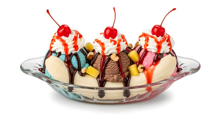 Enjoy a delicious banana split with chocolate, vanilla, strawberry ice cream and toppings