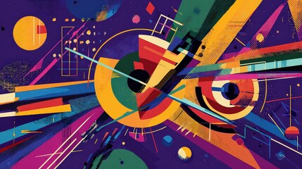 Abstract Pixel Art Composition with Dynamic Circular and Linear Forms in Vivid Colors on a Purple Background