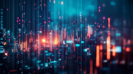 Explore the vibrant, dynamic world of data analysis and financial markets with this stunning abstract visualization of glowing charts and graphs