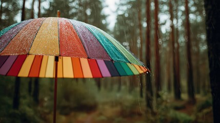 Colorful Striped Umbrella Stands out in a Green Forest During a Rainy Day in Autumn Season with Moody Atmosphere and Selective Focus on Droplets