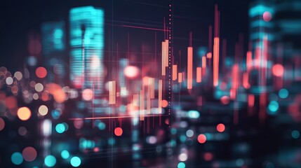 Dynamic financial chart overlaying vibrant city lights at night, a modern concept for business and investment success in the digital age