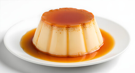 Creamy caramel flan dessert with golden syrup on white plate for elegant dining concepts
