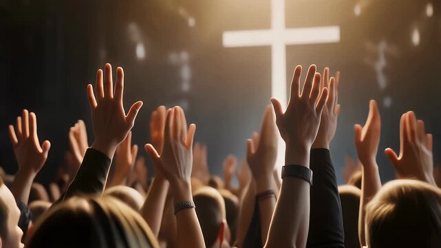 A vibrant scene of hands raised in worship and devotion during a spiritual gathering or church service, illuminated by a glowing cross in the background.