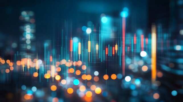 Analyze vibrant stock market data and glowing cityscape for financial trends, investment growth, and economic forecast success in a modern business world - Powered by Adobe