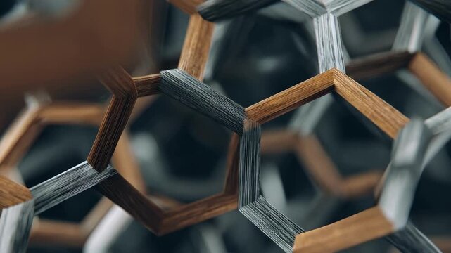 Dynamic medium shot capturing the assembly of hexagonal and layered bars converging in a complex structural network illustrating versatility and design innovation.